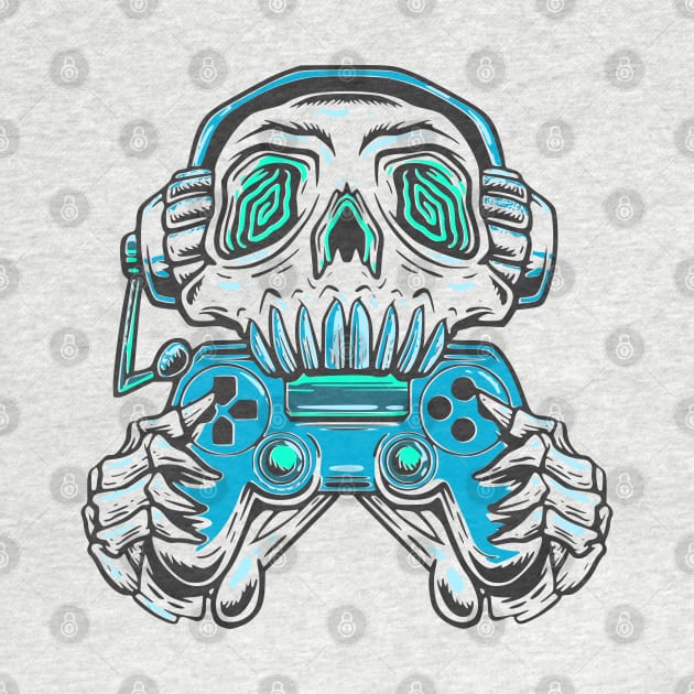 A skull gamer holding a light blue joystick controller and wearing headphone. by Semenov